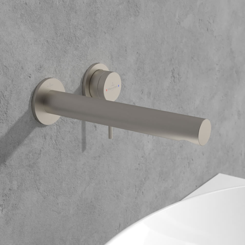 Lifestyle image of Villeroy & Boch Loop & Friends Brushed Nickel Wall-Mounted Basin Tap